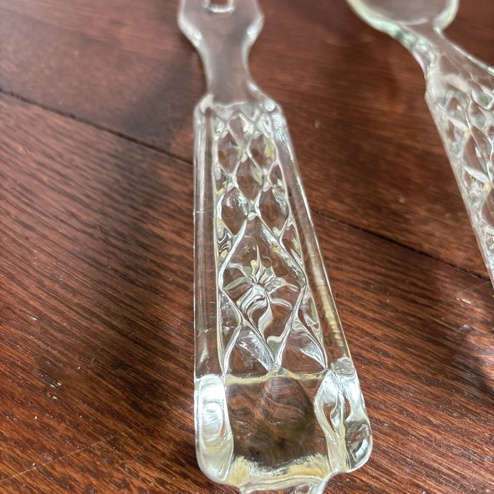 Vintage Embossed Glass Salad Spoon And Fork Serving Set Dinner Holiday Clear